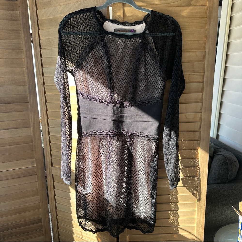 Free People Sheer Black Lace Knit Dress with Beige Lining